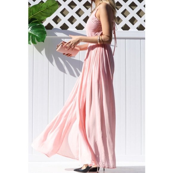 Boho Light Pink Crochet Knit Open Back Maxi Dress - Picture 6 of 6